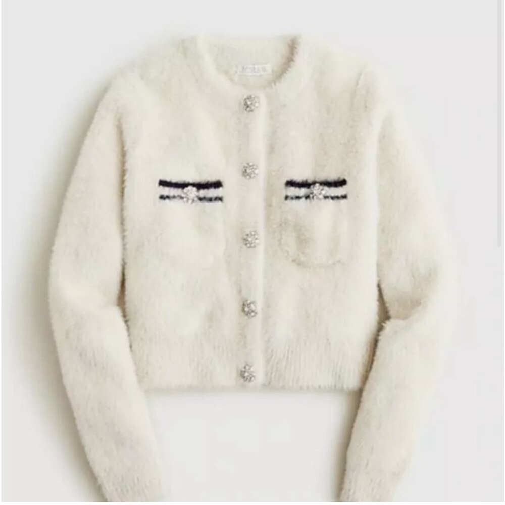 J. Crew cream ivory navy crystal button brushed yarn cardigan lady jacket large